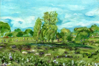 Landschaft mit Kuhle , Öl auf Leinwandkarton, 13 x 18 cm, 2021 