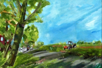 Landstrasse, Öl auf Malkarton,  13 x 18 cm, 2023