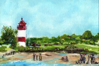 Strandspaziergang am Leuchtturm, Öl auf Malkarton,  13 x 18 cm, 2020