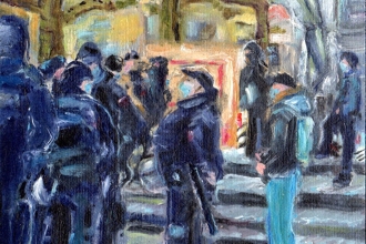 Corona Demo Rathausmarkt /Heinrich-Heine-Denkmal, Öl auf Malkarton,  13 x18 cm, 2021