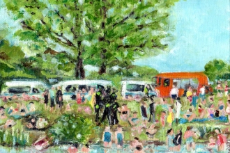 Corona Polizeikontrolle  im Stadtpark, Öl auf Malkarton, 13 x 18 cm,  2022