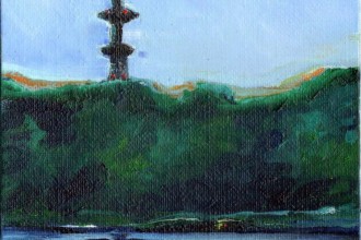 Abends auf der Alster /Hamburger Fernsehturm, Öl auf Malkarton,  13 x 18 cm, 2019
