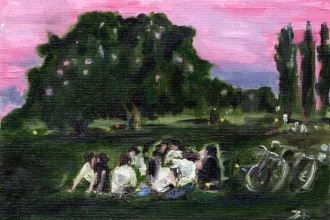 Alsterabend auf der Alster- Hundewiese, Öl auf Malkarton,, 13 x18 cm, 2022