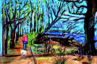 Kerstin mit Motte an der Elbe, Öl auf Malkarton, 13 x 18 cm, 2019