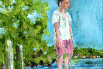 Moritz hält Ausschau nach den Optis, Öl auf Malkarton,, 13 x18 cm, 2021