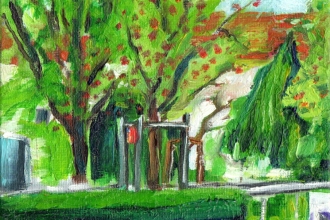 Nachbars Garten, Öl auf Malkarton, 13 x 18 cm, 2018