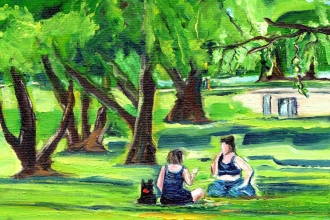 Sommertag an der Alster, Öl auf Malkarton, 13 x18 cm, 2019