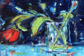 Tulpen  mit blau, Öl auf Malkarton, 13 x 18 cm, 2023