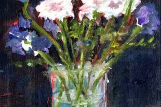Blaue Blumen, Öl auf Malkarton 13 x 18 cm 2023