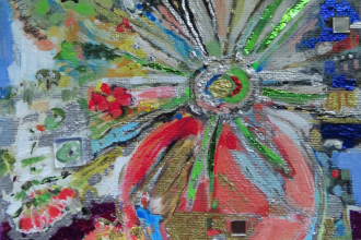 Blume explodiert 2026, Mischtechnik auf Malkarton, 13 x 18