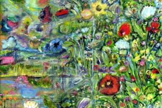 Blumen und Landschaft, Öl auf Malkarton, 13 x 18 cm, 2021