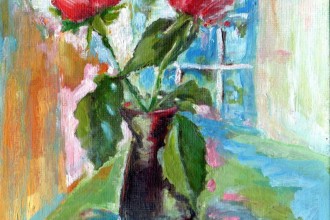 Rosen auf dem Küchentisch, Öl auf Malkarton,13 x 18 cm, 2023